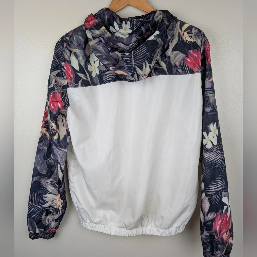 White Floral Two Tone Lightweight Hoodie Windbreaker Size Medium Streetwear